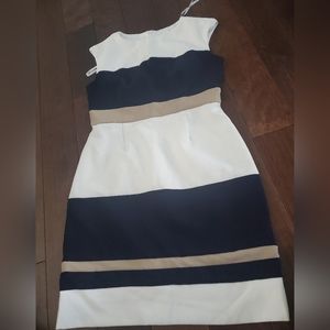 Work attire dress in cream beige and navy blue by Studio One new York si…